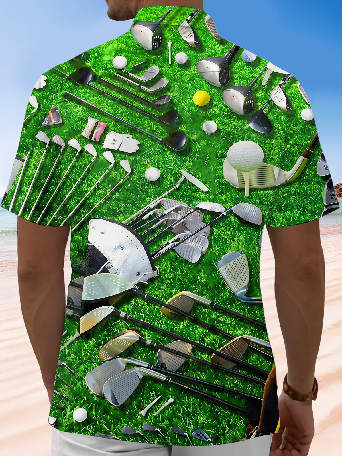 Men green sports print short sleeve shirt back view