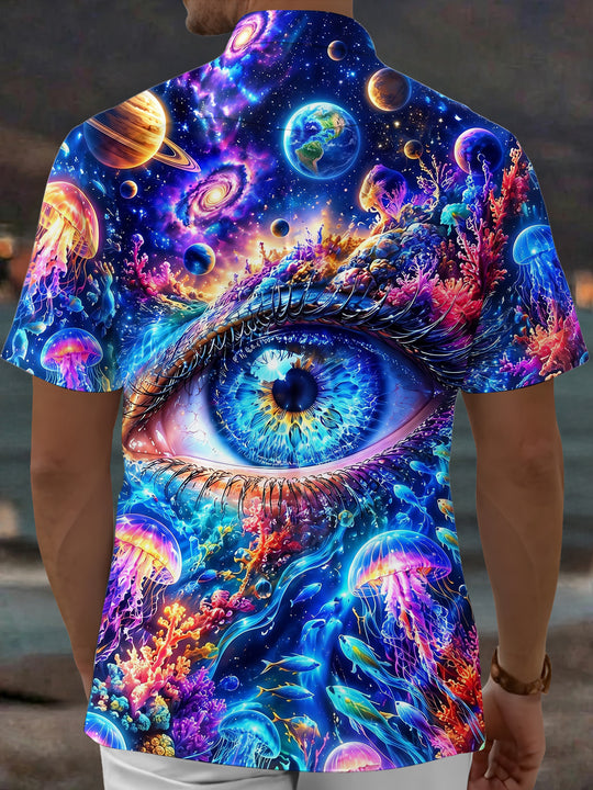 Adaychic Men's Hawaiian Cosmic Eye And Marine Life Print Short Sleeve Shirt with Chest Pocket