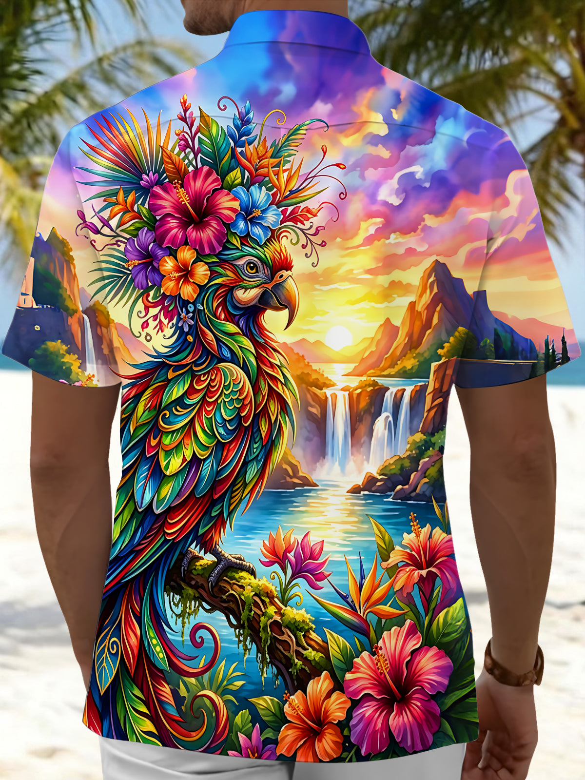 Adaychic Tropical Parrot Landscape Men's Pocket Short Sleeve Shirts