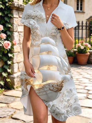 Adaychic 3D Embossed Sailing Ship Matching Couple Outfit Short Sleeve Shirt And Dress
