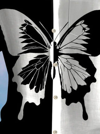 Men's black and white butterfly contrast print short sleeve shirt with pocket back view