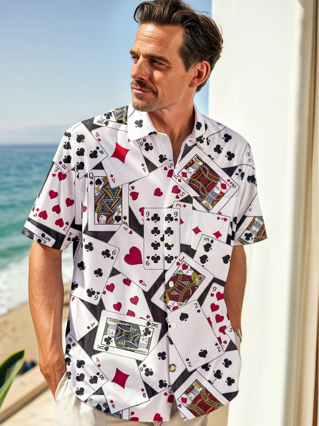 Men's short sleeve shirt with poker print pattern, front view
