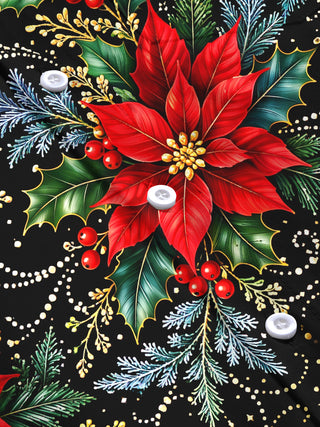 Adaychic Men's Hawaiian Christmas Poinsettia And Holly Print Long Sleeve Shirt with Chest Pocket