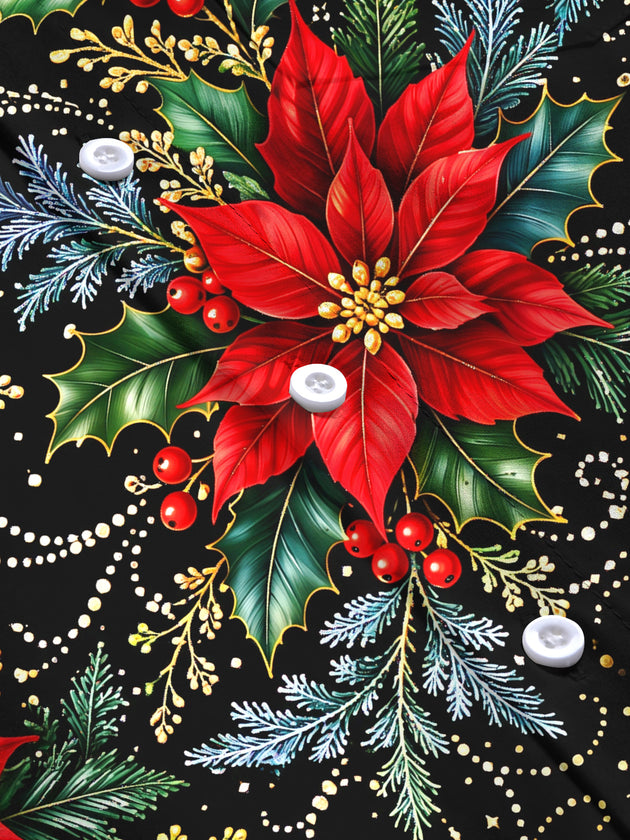 Adaychic Men's Hawaiian Christmas Poinsettia And Holly Print Long Sleeve Shirt with Chest Pocket