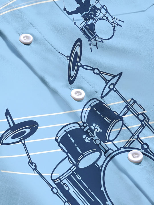 Adaychic Men's Graphic Drum Kit Print Music Notes Print Long Sleeve Shirt with Chest Pocket