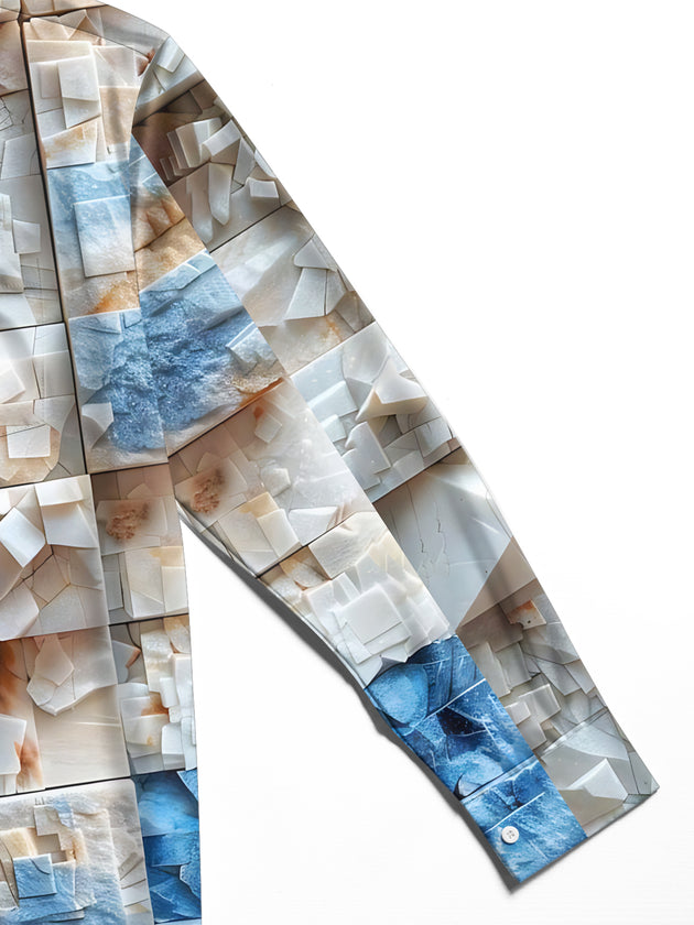 Adaychic Men's Patterned 3D Stone Blocks Print Long Sleeve Shirt with Chest Pocket