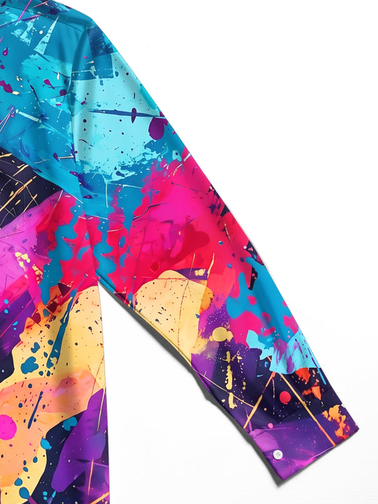 Adaychic Men's Tie Dye Colorful Abstract Paint Splatter Print Long Sleeve Shirt with Chest Pocket
