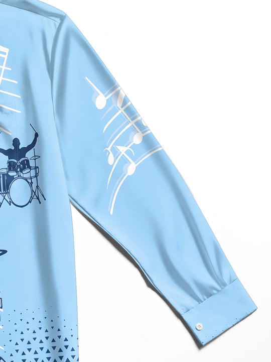 Adaychic Men's Graphic Drum Kit Print Music Notes Print Long Sleeve Shirt with Chest Pocket