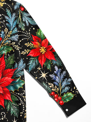 Adaychic Men's Hawaiian Christmas Poinsettia And Holly Print Long Sleeve Shirt with Chest Pocket