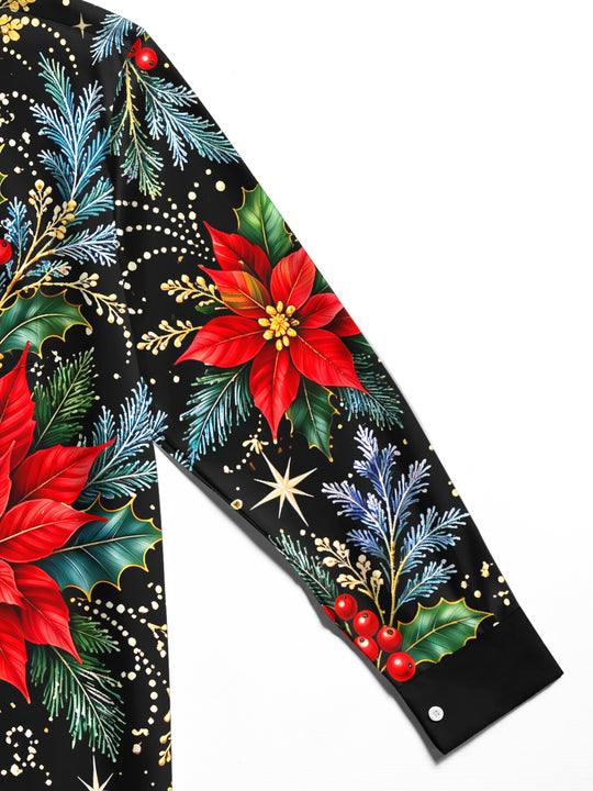 Adaychic Men's Hawaiian Christmas Poinsettia And Holly Print Long Sleeve Shirt with Chest Pocket