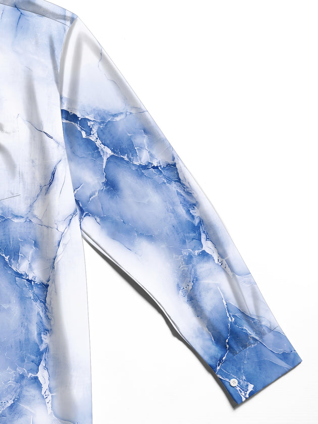 Adaychic Men's Printed Blue Marble Texture Print Long Sleeve Shirt with Chest Pocket