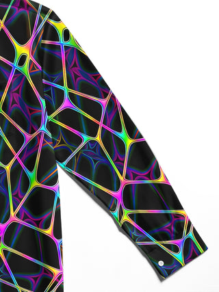 Adaychic Men's Abstract Neon Geometric Web Print Long Sleeve Shirt with Chest Pocket