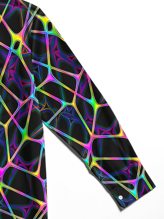 Adaychic Men's Abstract Neon Geometric Web Print Long Sleeve Shirt with Chest Pocket