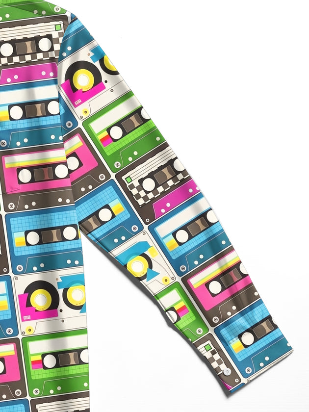 Adaychic Men's Vintage Style Cassette Tape Pattern Long Sleeve Shirt with Chest Pocket