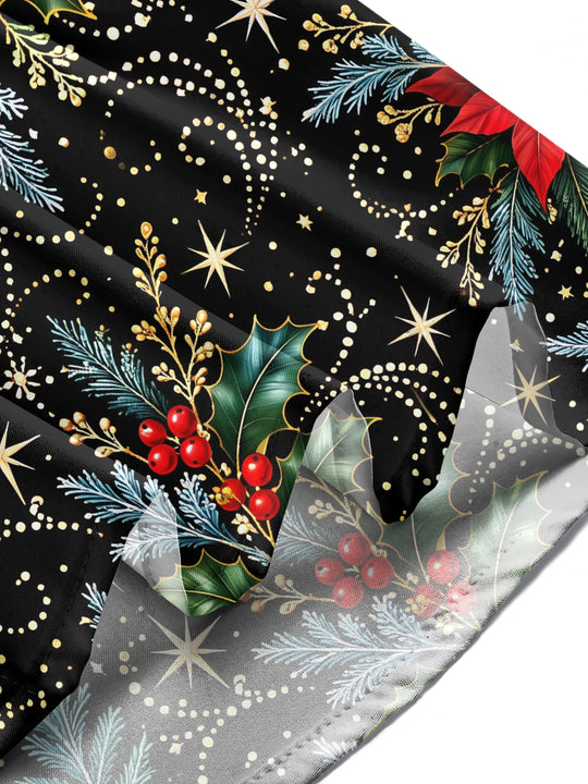 Adaychic Men's Hawaiian Christmas Poinsettia And Holly Print Long Sleeve Shirt with Chest Pocket