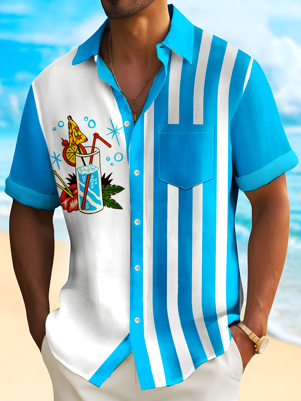 men's Hawaiian shirt front view tropical beach vacation
