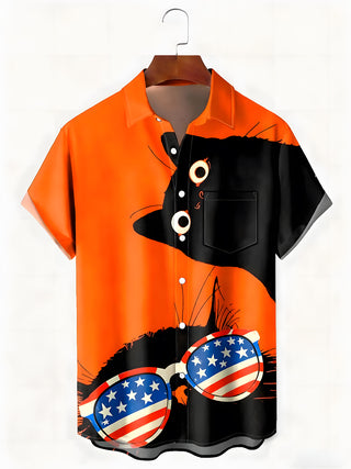 men's cat print shirt front view Independence Day