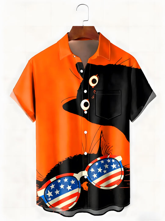 men's cat print shirt front view Independence Day