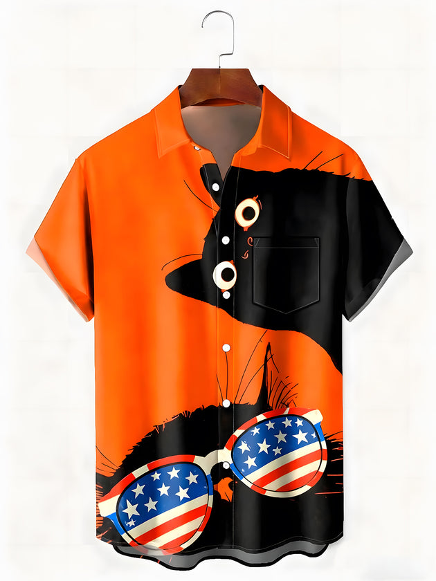 men's cat print shirt front view Independence Day