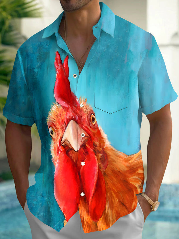Men's animal rooster print short sleeve shirt front view