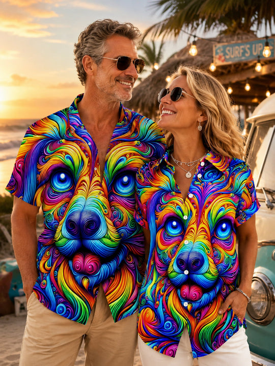 Psychedelic Dog Swirl Print Matching Couple Hawaiian Shirts