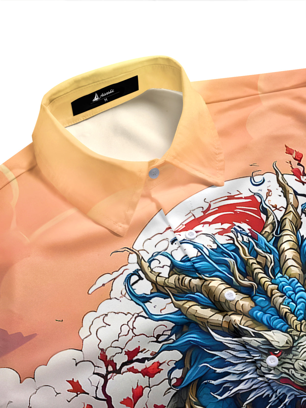 Men's short sleeve shirt with dragon print and floral pattern, side view