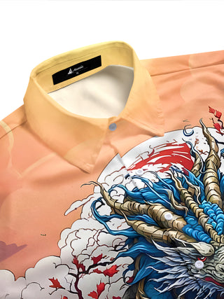 Men's short sleeve shirt with dragon print and floral pattern, side view