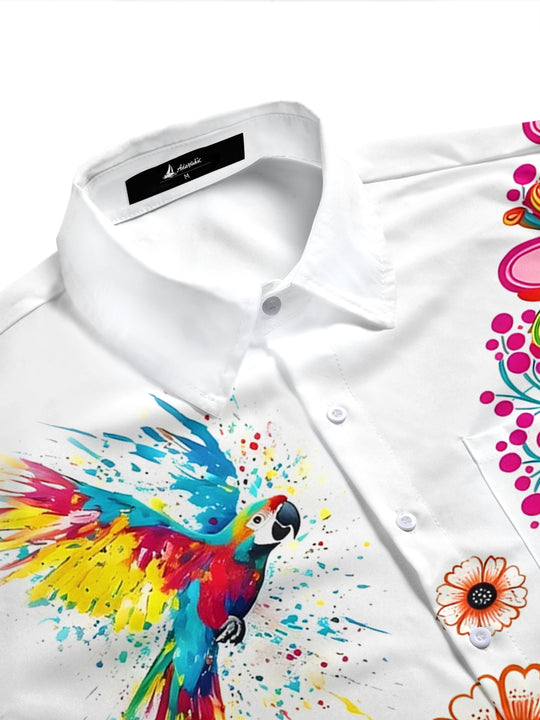 Hawaiian Parrot Floral Men's Pocket Short Sleeve Shirts