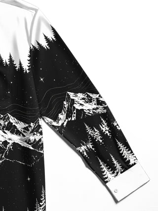 Adaychic Men's Printed Snowy Mountains And Forest Print Long Sleeve Shirt with Chest Pocket