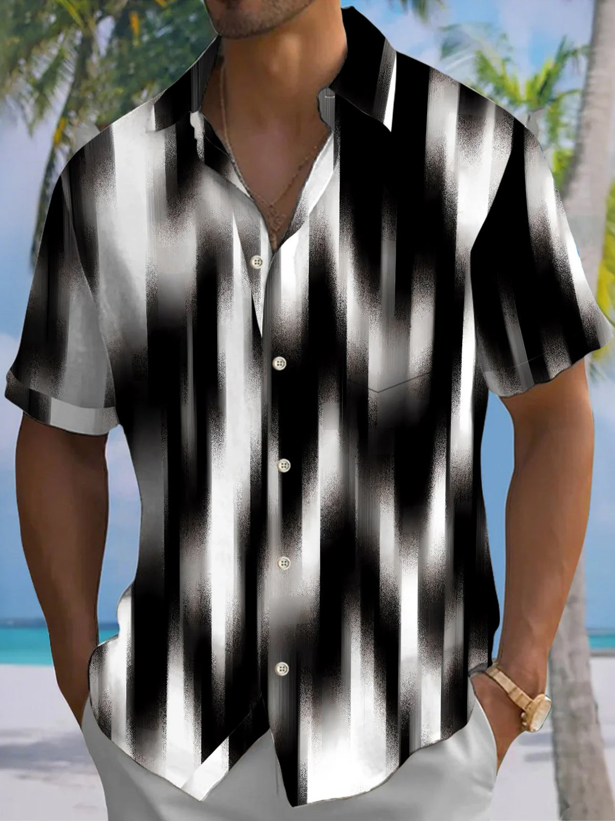 Men's abstract print short sleeve shirt front view for tropical beach vacation