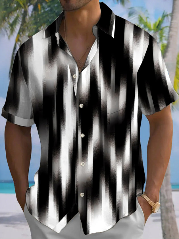 Men's abstract print short sleeve shirt front view for tropical beach vacation