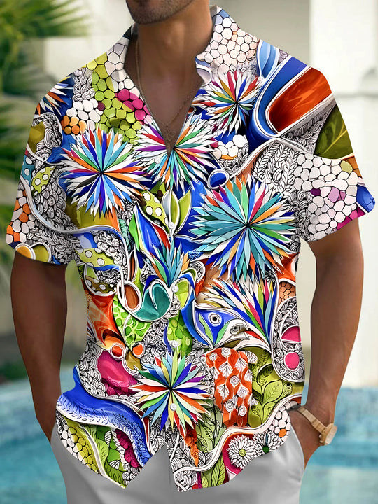 Men's floral short sleeve Hawaiian shirt front view for tropical beach vacation