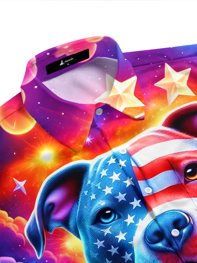 Independence American Flag Dog Men's Pocket Short Sleeve Shirts