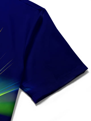 Men's abstract print short sleeve shirt close-up detail view