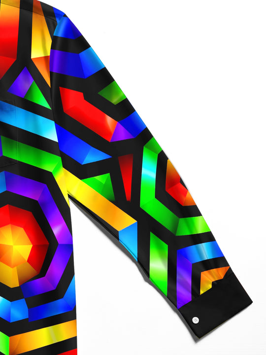 Adaychic Men's 3D Neon Geometric 3D Hexagon Pattern Long Sleeve Shirt with Chest Pocket