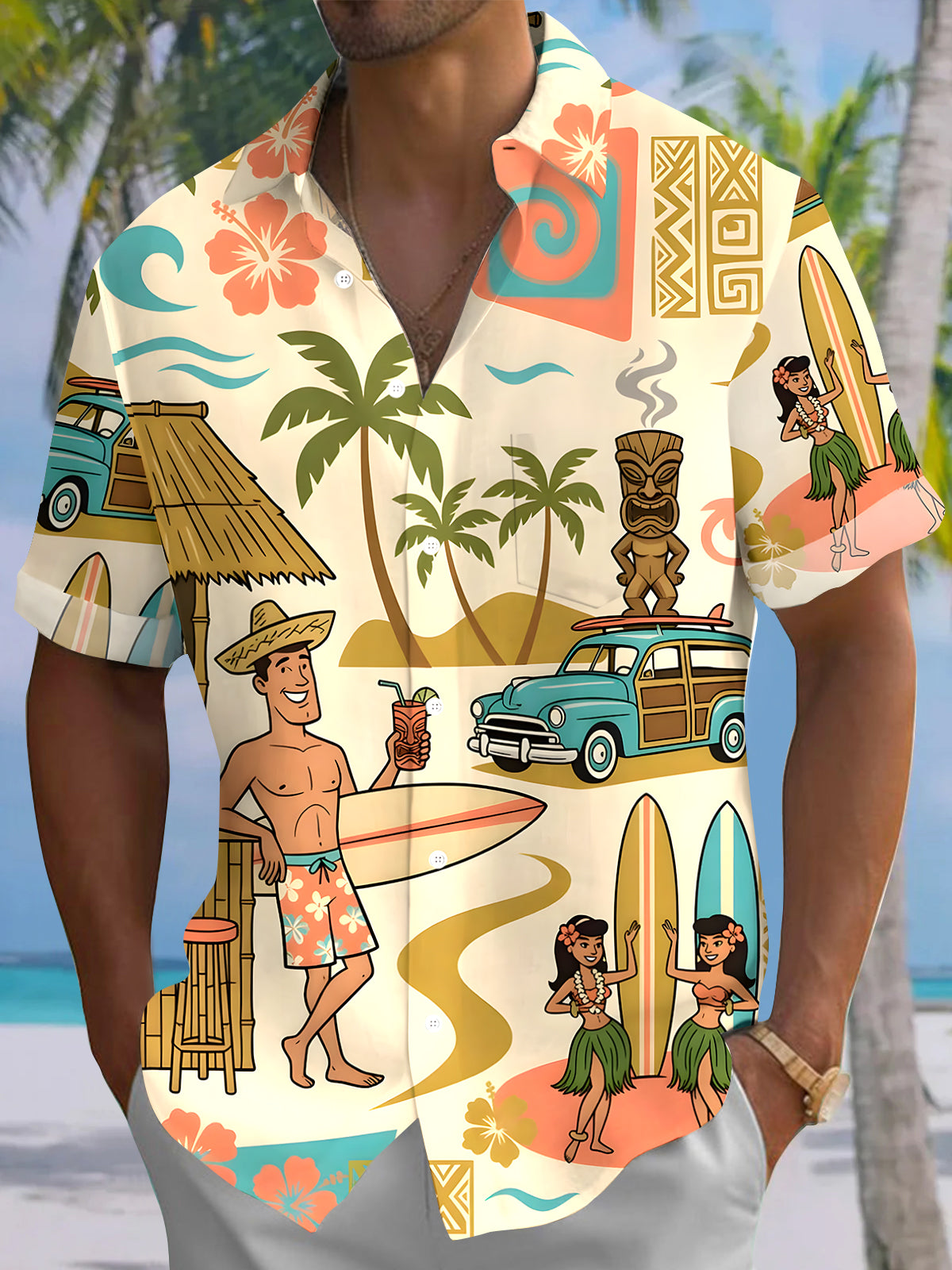 Hawaiian Coconut Tree Men's Pocket Short Sleeve Shirts
