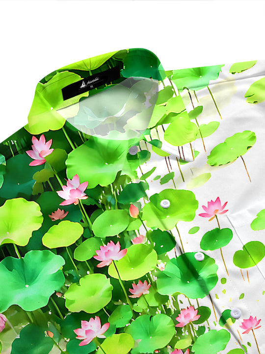 Boating Lotus Pond Landscape Men's Pocket Short Sleeve Shirts