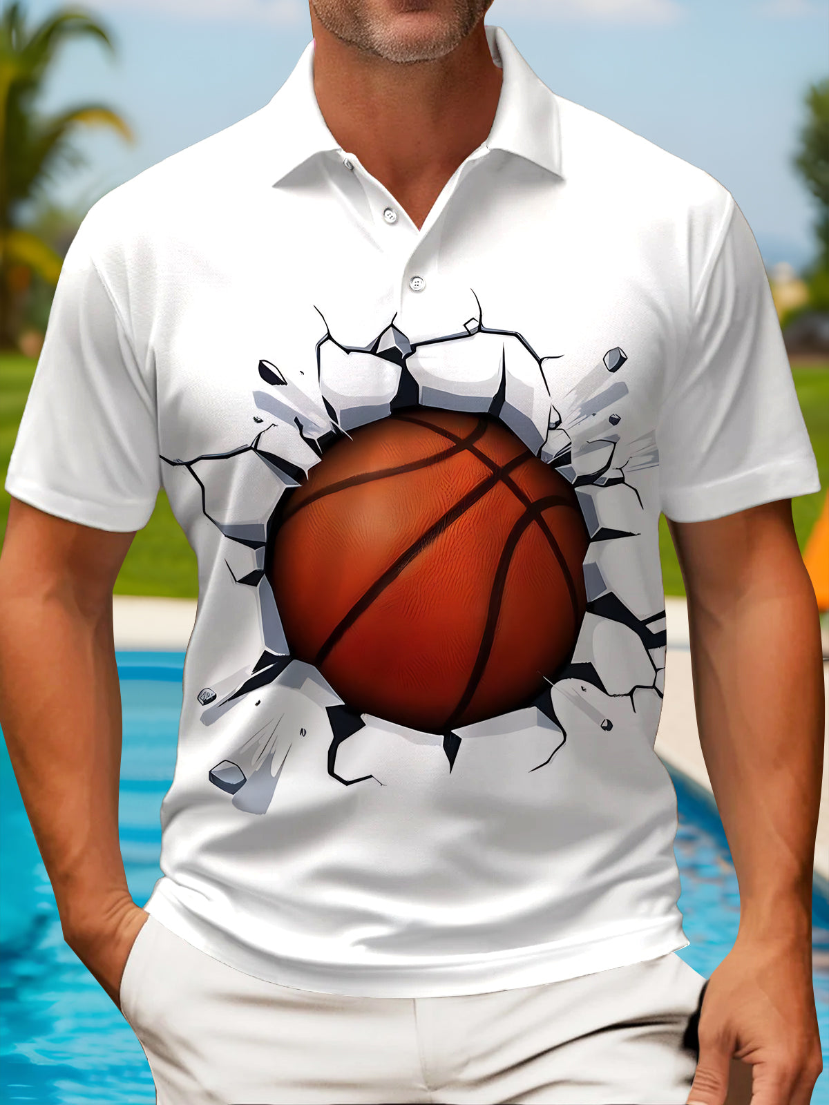 Men's basketball print short sleeve polo shirt front view