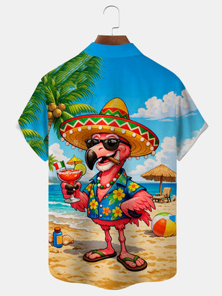 Men's Hawaiian flamingo print short sleeve shirt back view