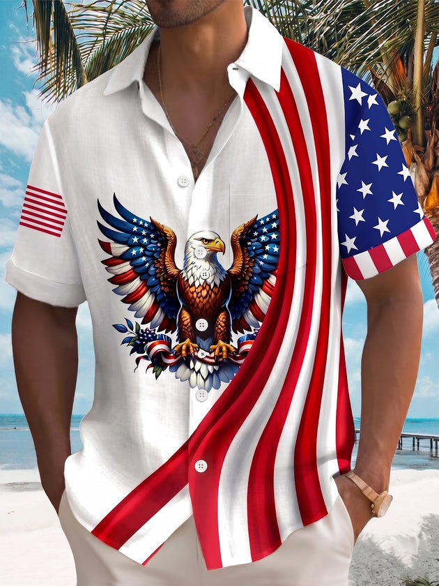 Men's American flag eagle print short sleeve shirt front view for Independence Day