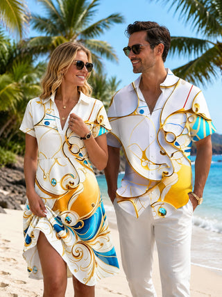 Matching Couple Hawaii Outfit Molten Gold Art Print Shirt & Dress