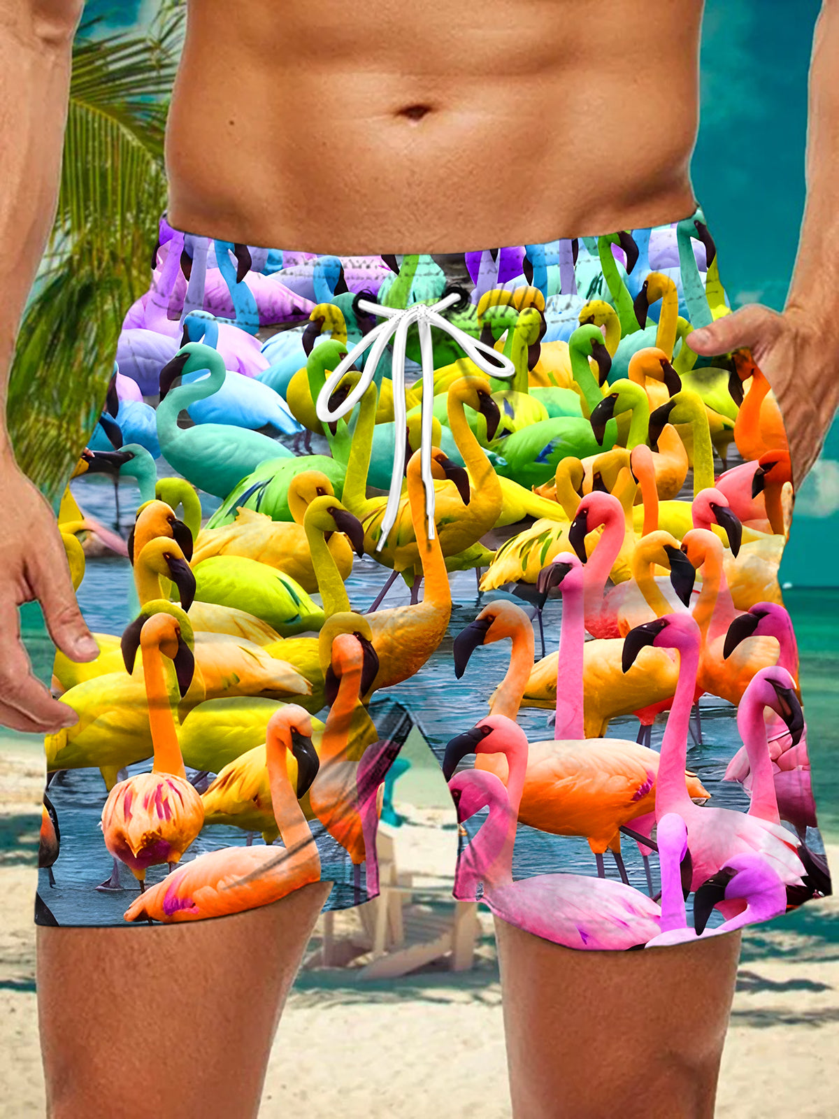 Men's Hawaiian print casual shorts front view for tropical beach vacation