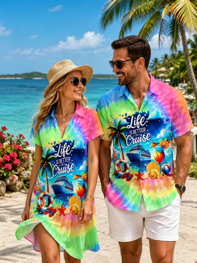 Cruise Vacation Couple Matching Outfit Hawaiian Tie Dye "Life Is Better On A Cruise" Shirt & Dress