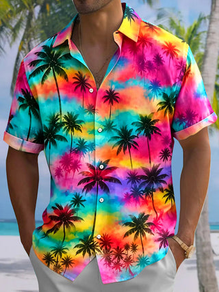 Hawaiian Coconut Tree Tie Dye Men's Pocket Short Sleeve Shirts