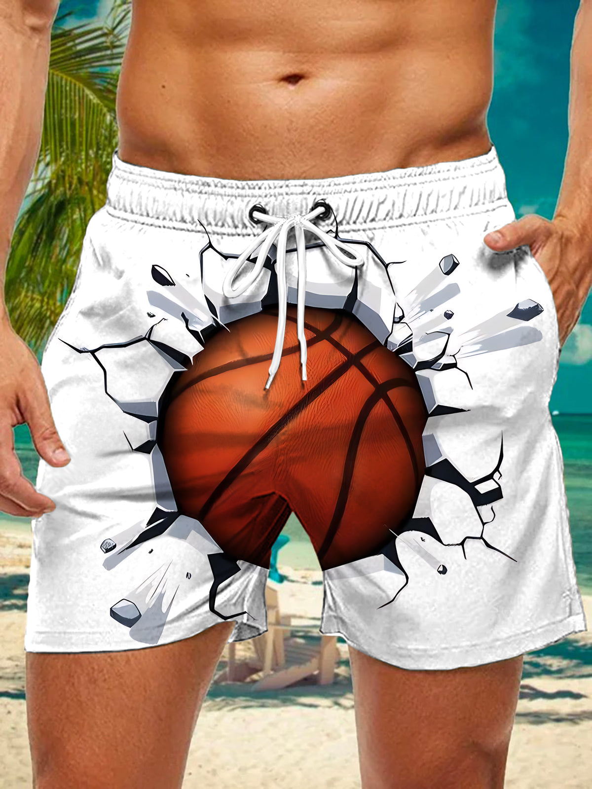 Men's casual shorts with basketball print, front view
