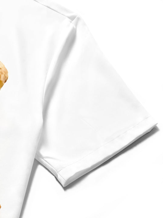 Close-up detail of textured ginger print fabric on men's short sleeve pocket shirt