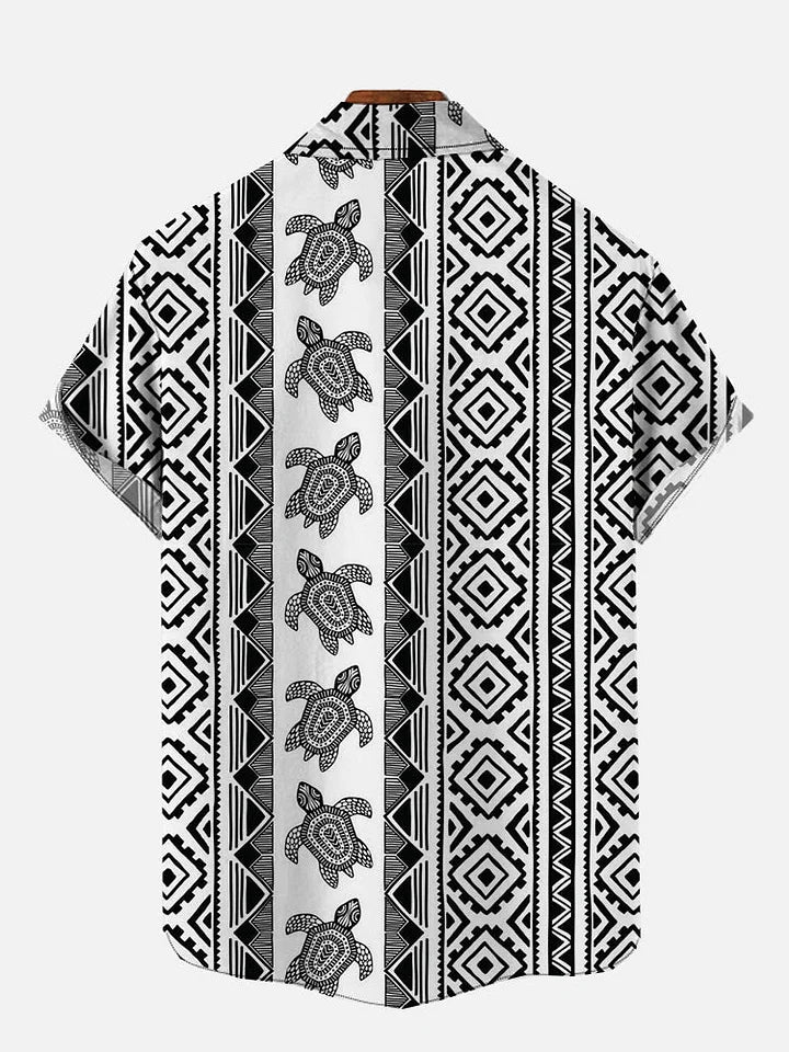 National Style Ethnic Geometric Pattern And Turtle Printing Pocket Short Sleeve Shirts