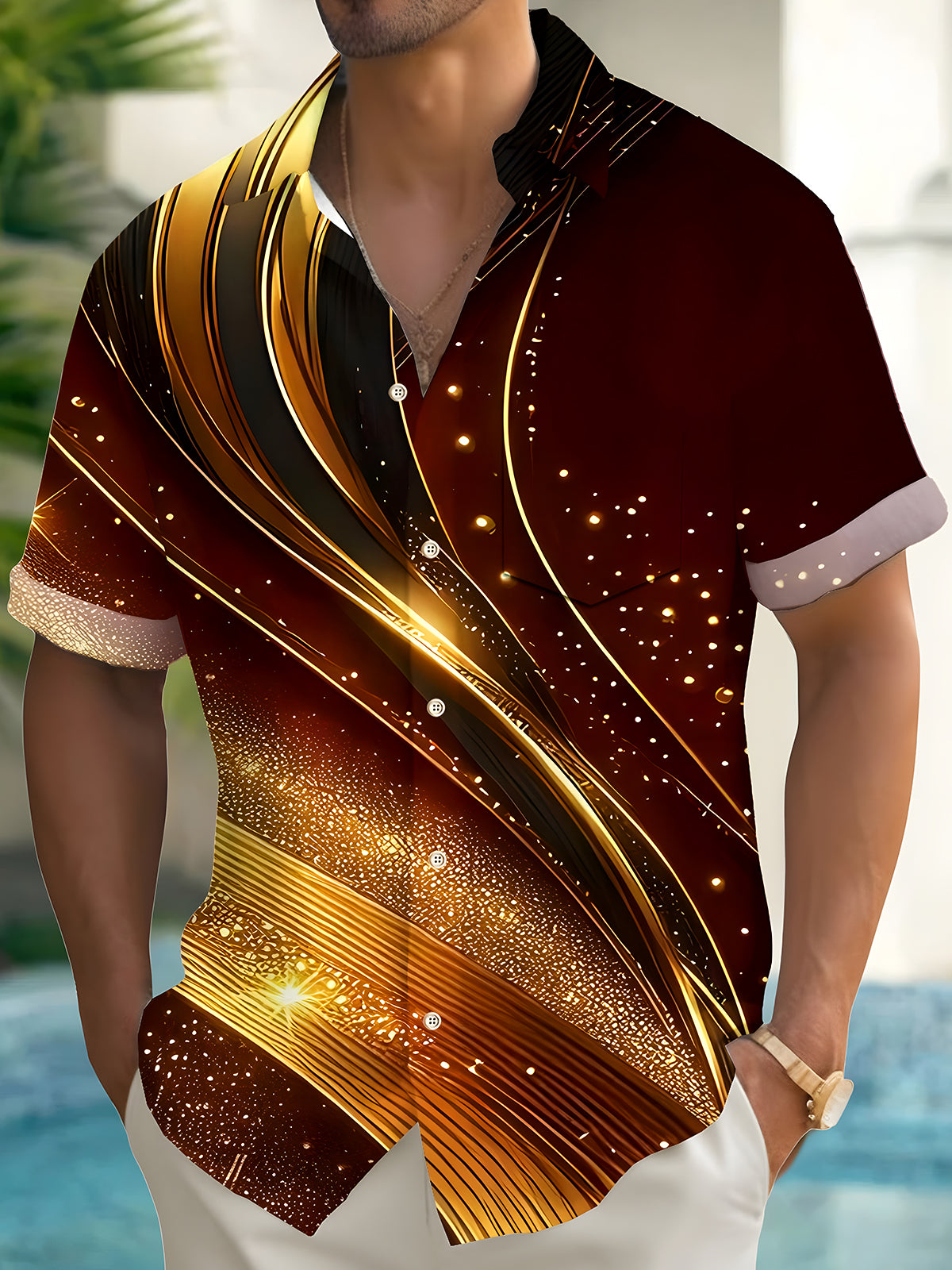 Men abstract print short sleeve shirt front view