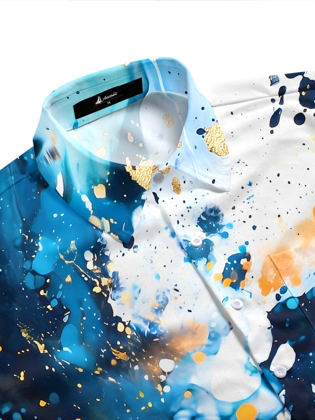 Men's abstract print tie dye short sleeve shirt side view