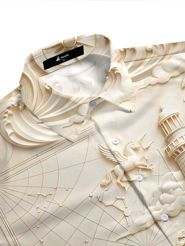 Relief Sculpture Lighthouse Boat Men's Pocket Short Sleeve Shirts